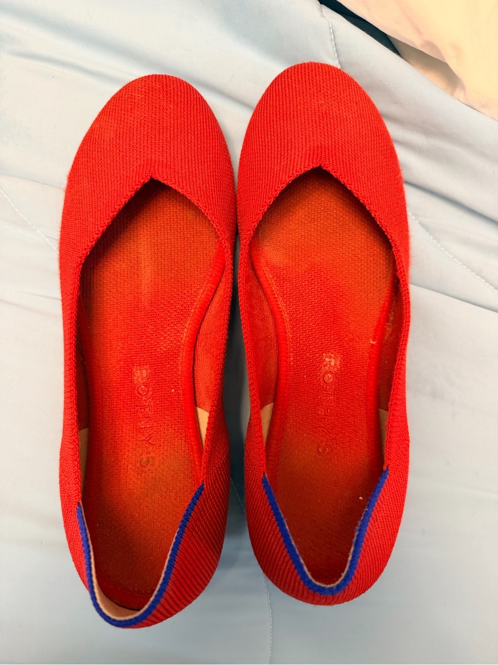 Rothy's Round Toe Ballet Flats in Bright Red with Blue Heel Trim - Size W7